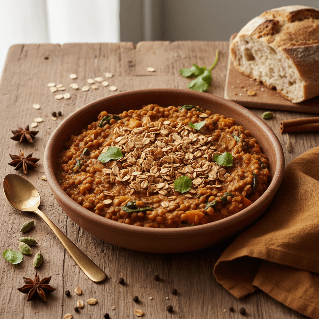 Linsencurry mit knuspriger Haferflocke