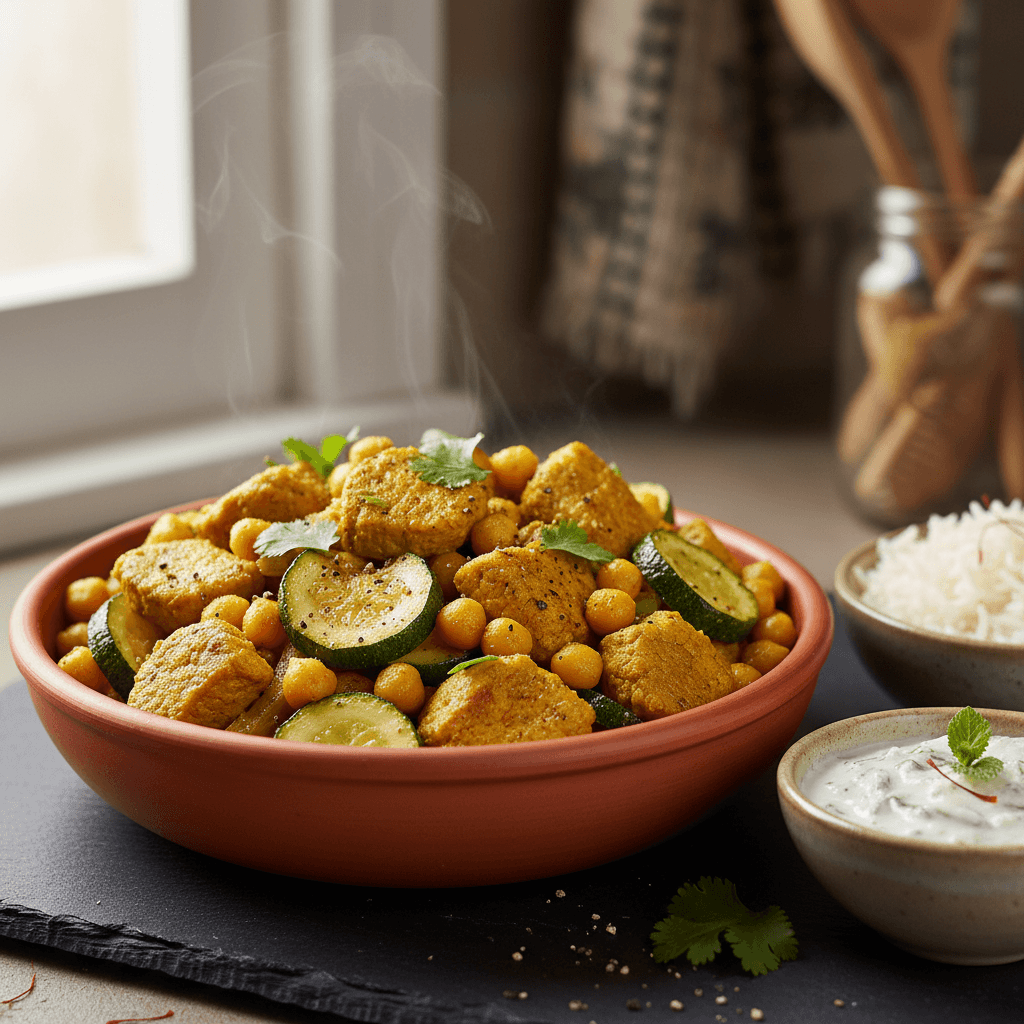 Poelee d'agneau au curcuma, courgettes et pois chiches