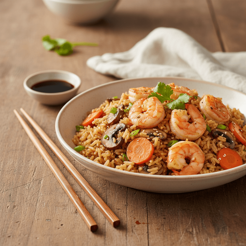 Gebratener Reis mit Garnelen und Gemüse