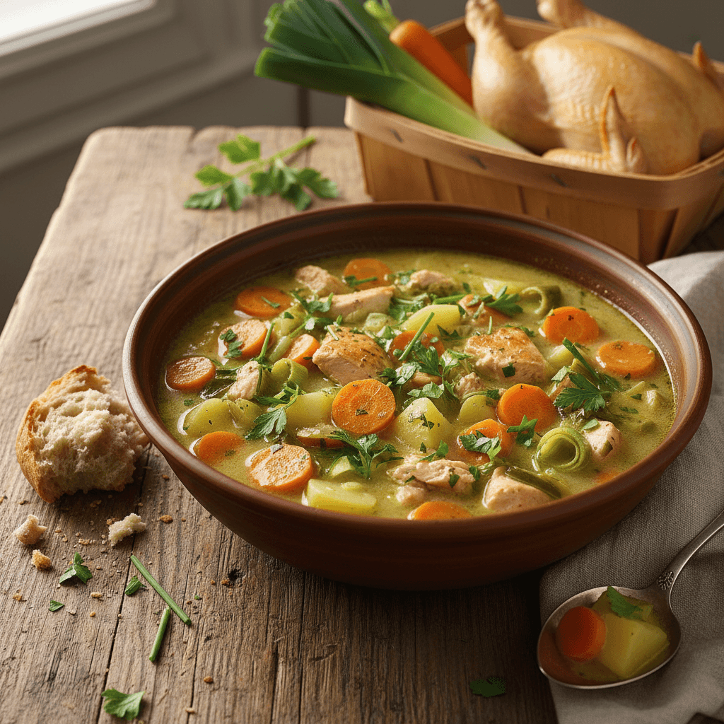 Gemüsesuppe mit Lauch, Karotten und Hähnchen