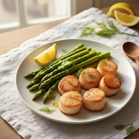Noix de Saint-Jacques sautées aux asperges et citron