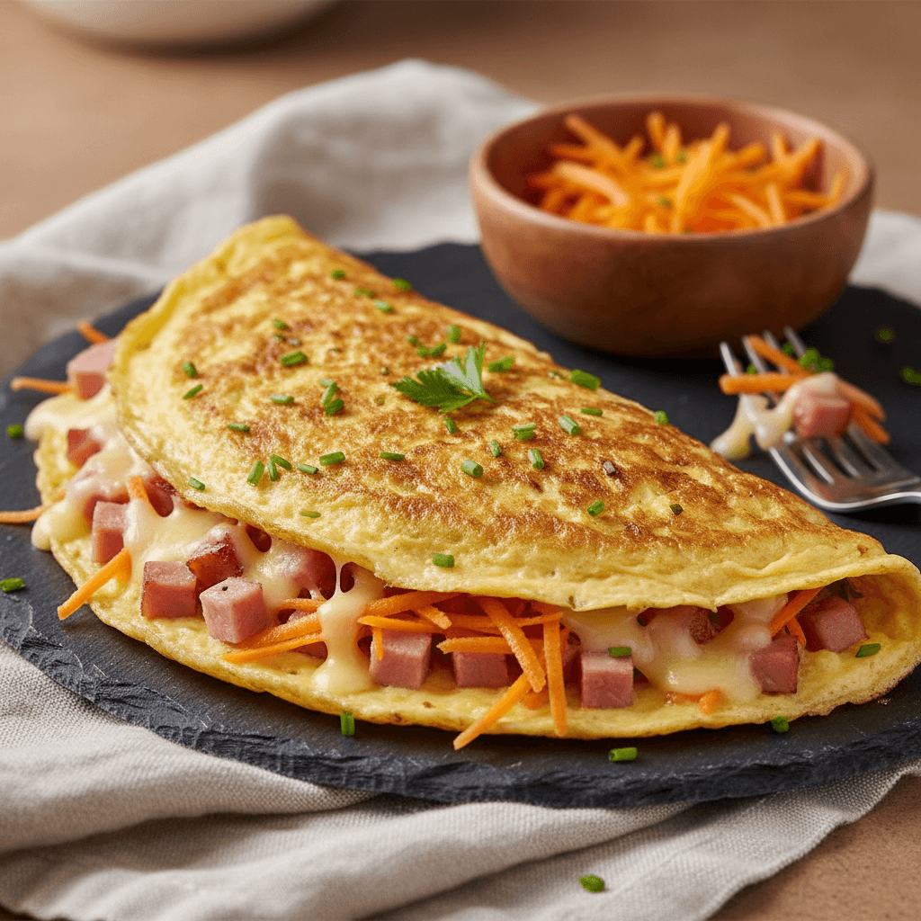 Omelette jambon-fromage aux carottes