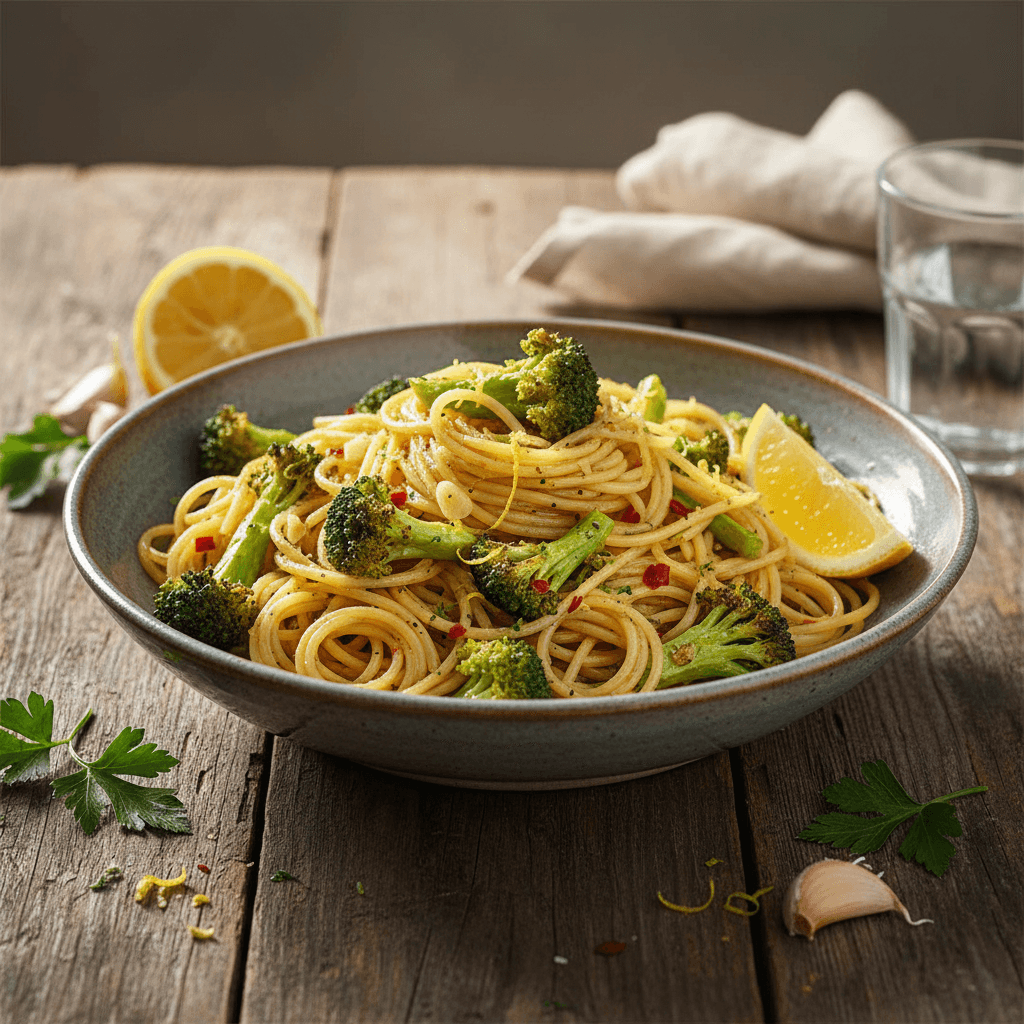Aglio e Olio Nudeln mit verbessertem Brokkoli