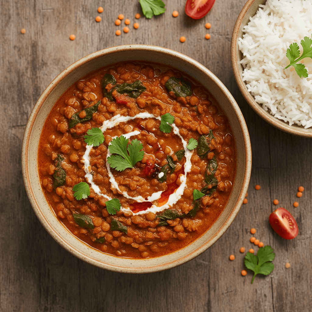 Curry de lentilles aux épinards et tomate