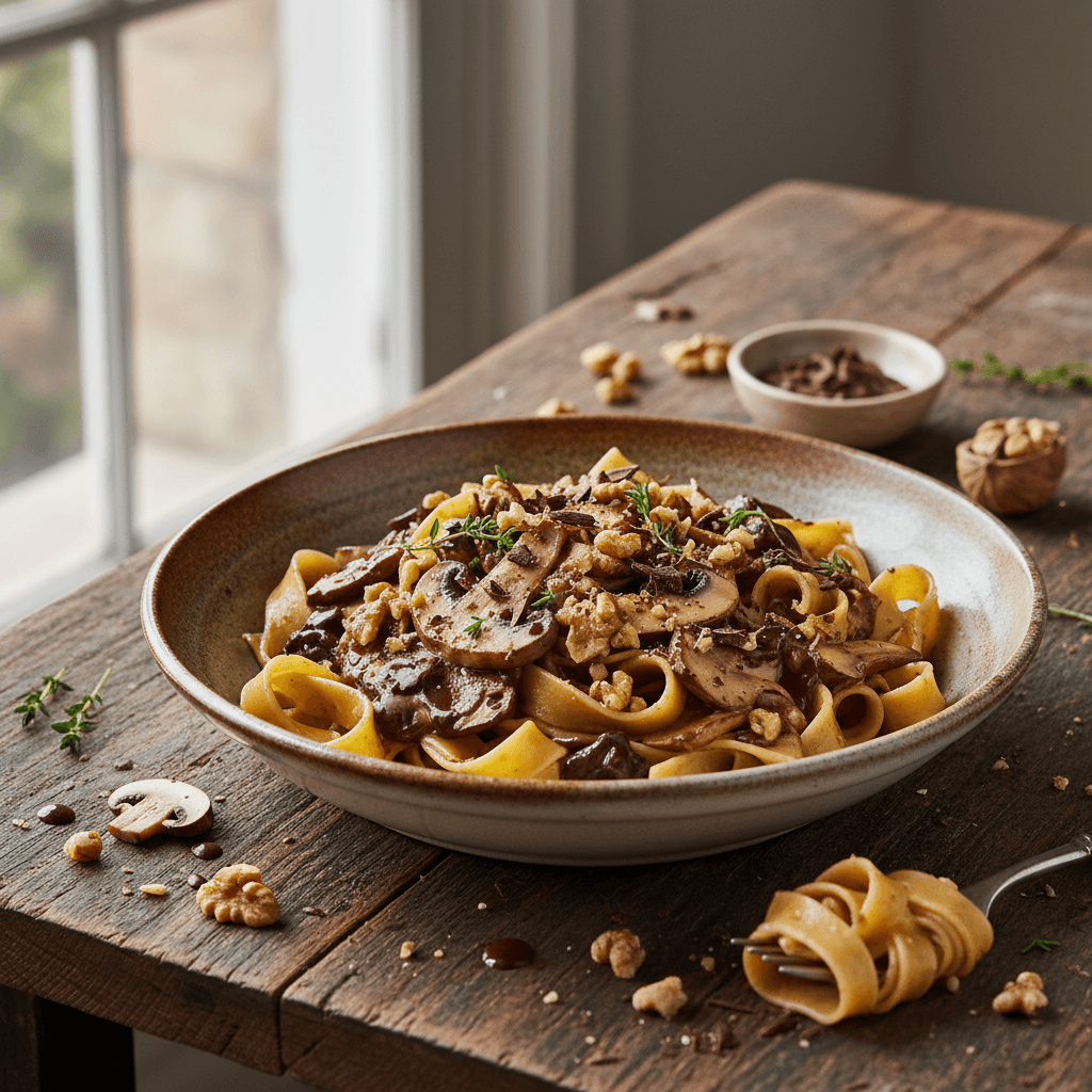 Pasta with Mushrooms, Dark Chocolate, and Walnuts in Béchamel Sauce