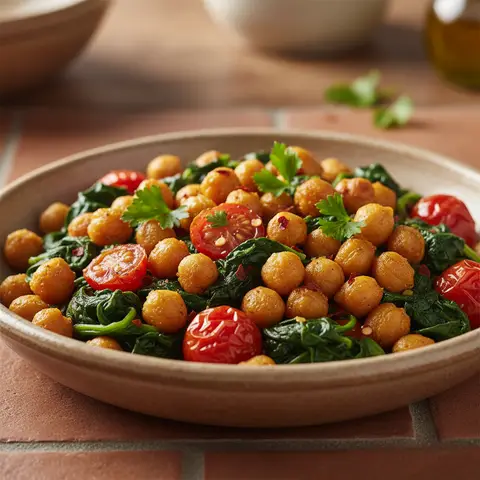 Poêlée de pois chiches croustillants aux épinards et tomates