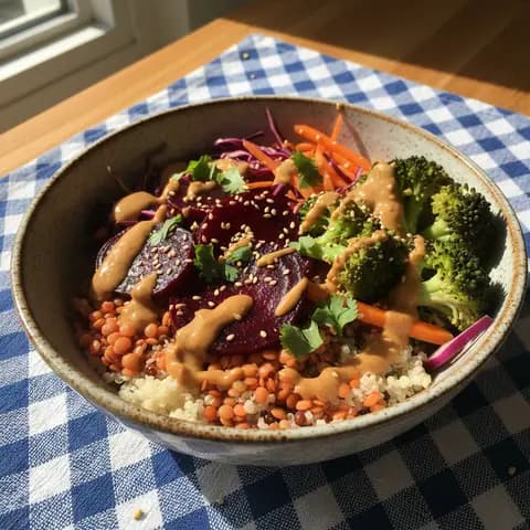 Bol Asiatique Fusion: Lentilles Quinoa, Betterave Miso et Légumes Croustillants