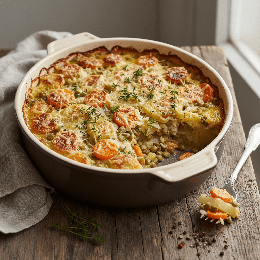 Gratin de pommes de terre, carottes et lentilles