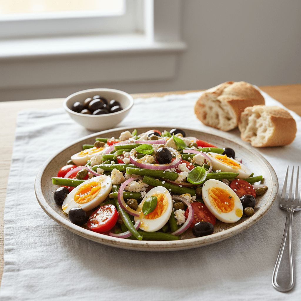 Salade niçoise végétarienne aux œufs et feta