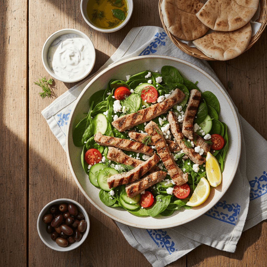 Bowl d'agneau a la grecque sur verdures