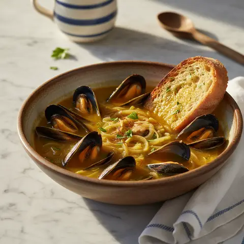 Soupe de moules au safran et poireaux