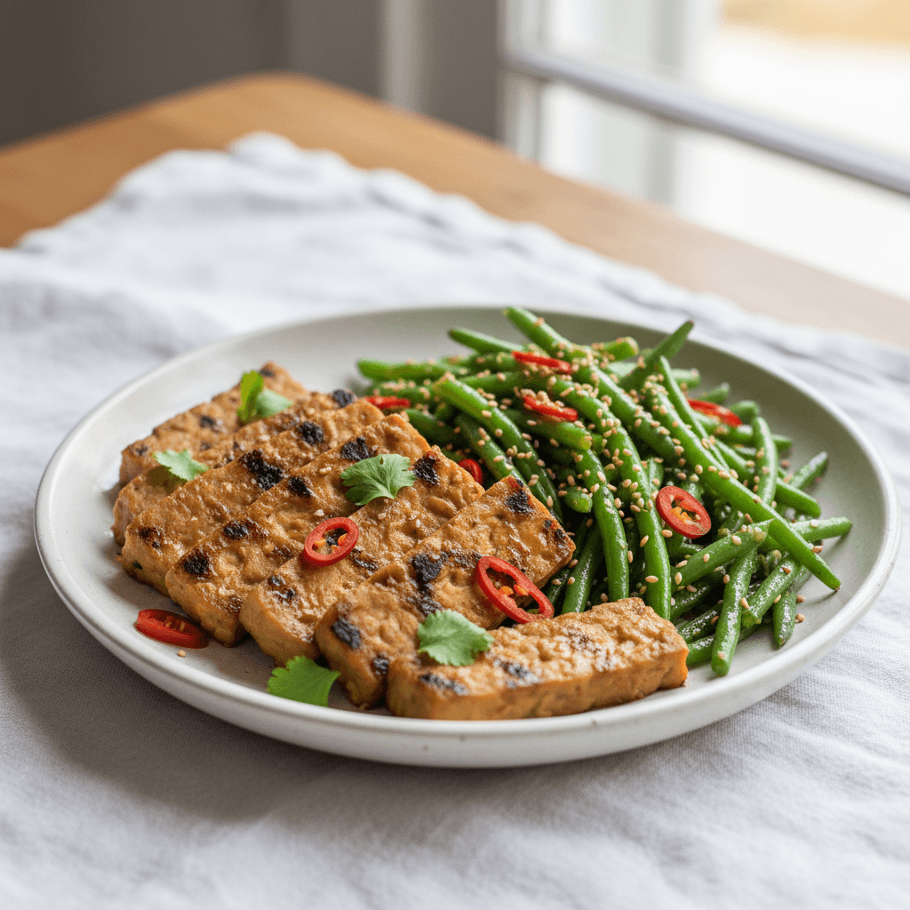 Tempeh grillé à la citronnelle et haricots verts
