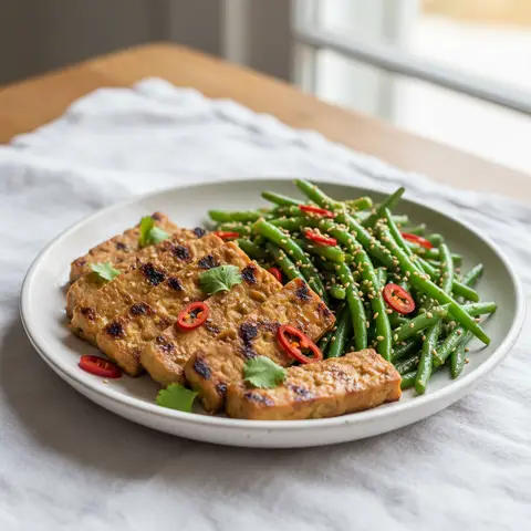 Tempeh grillé à la citronnelle et haricots verts