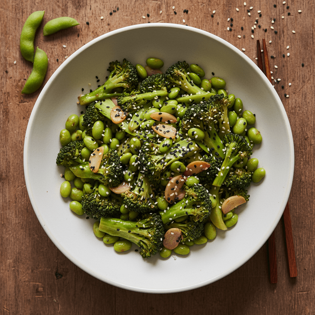 Wok d'edamame et brocolis au sésame noir