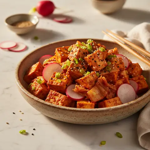Salade coréenne de tofu épicé aux radis et kimchi