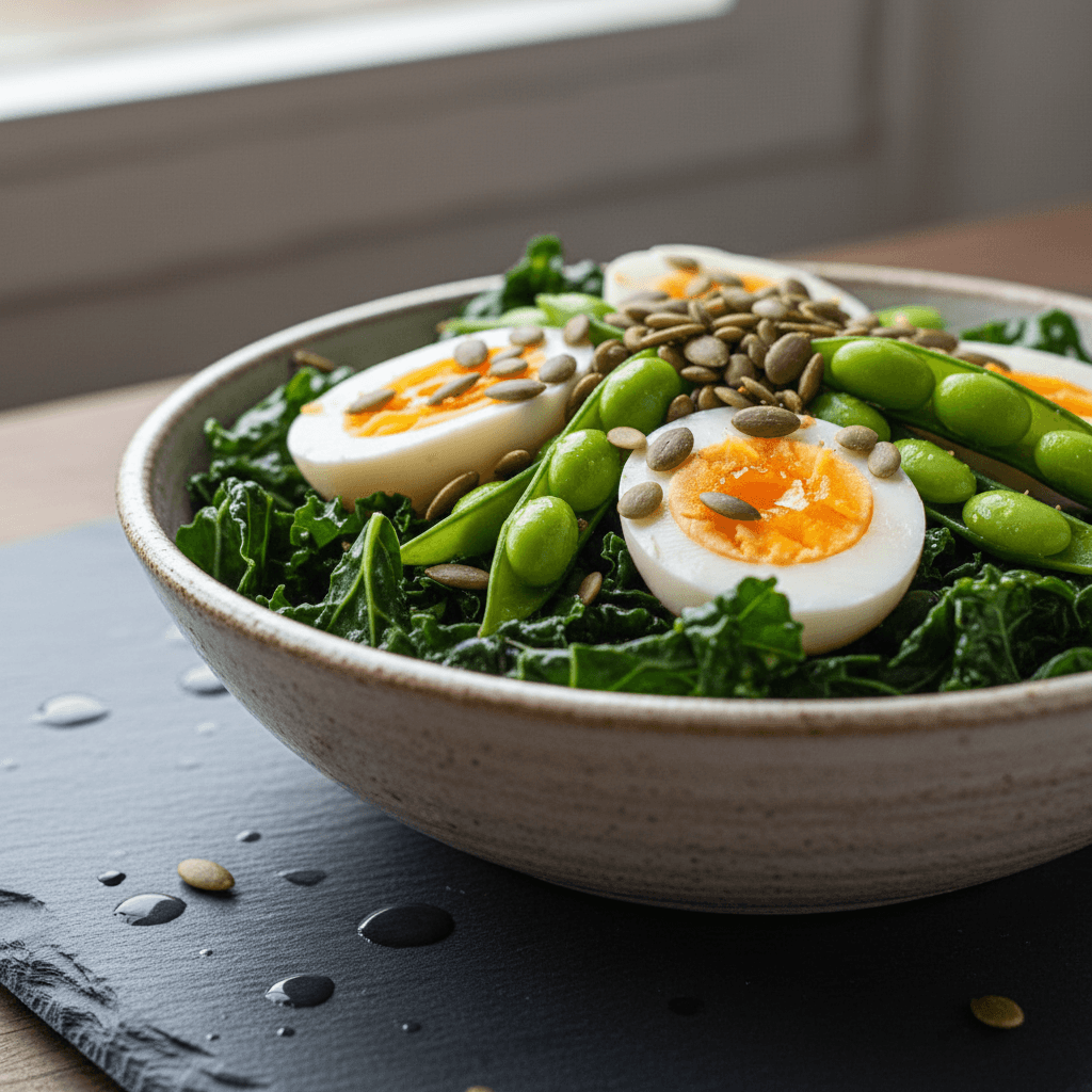 Bowl scandinave aux œufs et edamame sur lit de chou kale