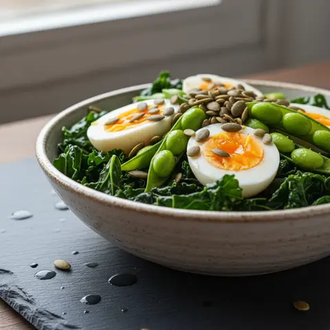 Bowl scandinave aux œufs et edamame sur lit de chou kale