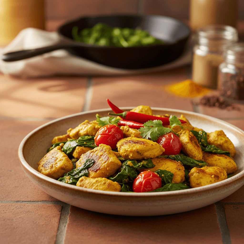 Poêlée de poulet au curcuma, épinards et tomates cerises