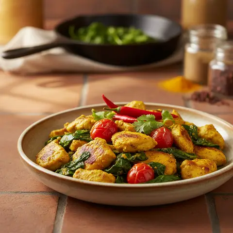 Poêlée de poulet au curcuma, épinards et tomates cerises