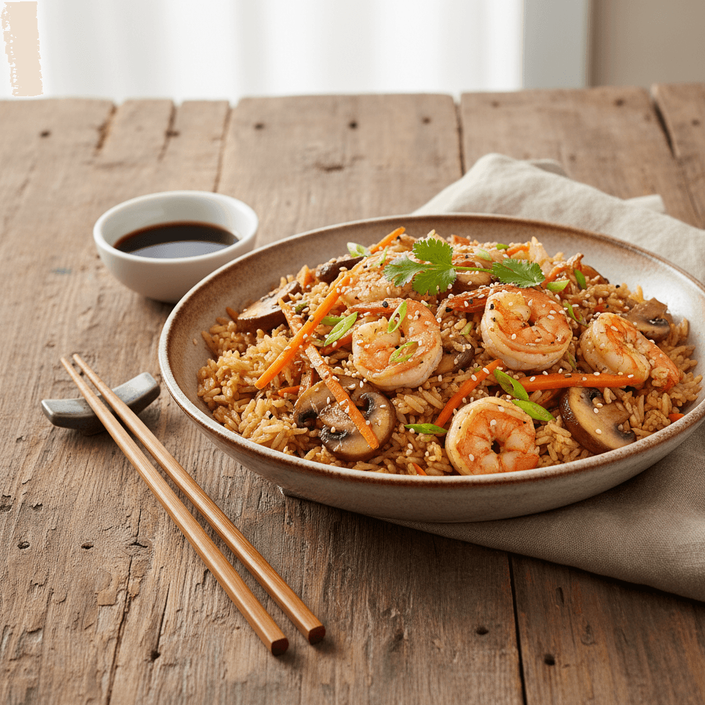 Gebratener Reis mit Garnelen und Gemüse