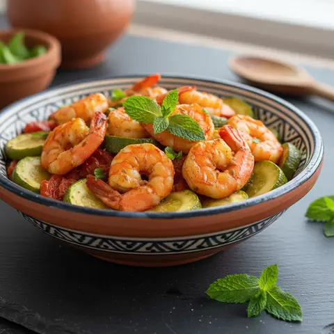 Bowl marocain de crevettes aux courgettes et harissa