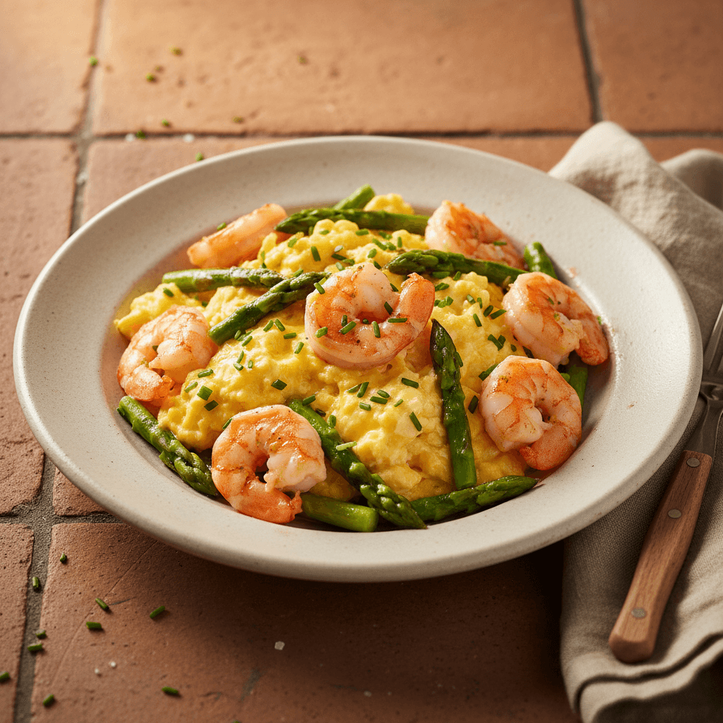 Œufs brouillés aux crevettes et asperges