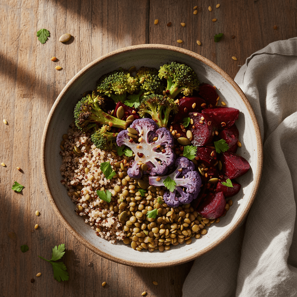 Buddha Bowl with Quinoa and Lentils and Roasted Vegetables
