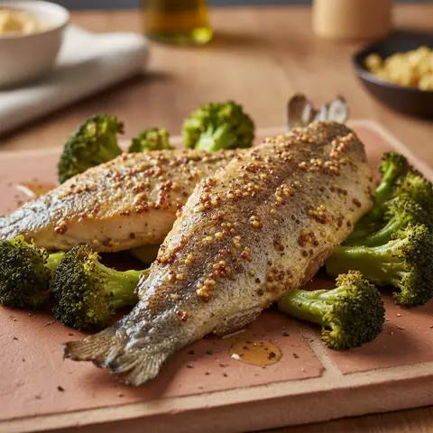 Truite rôtie au four avec brocolis et moutarde