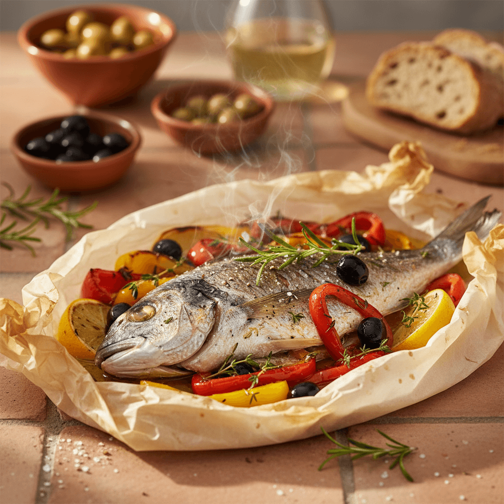 Papillote de dorade aux poivrons et olives