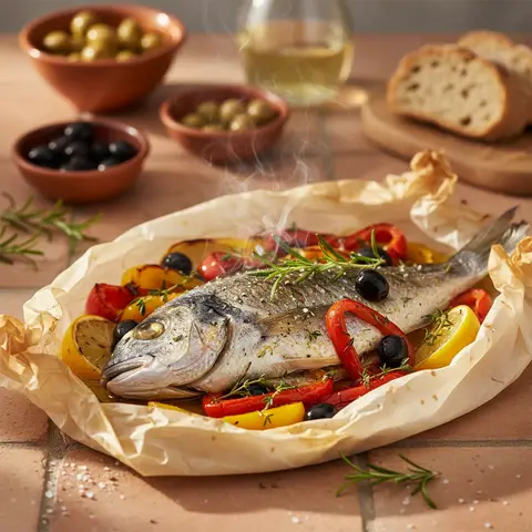 Papillote de dorade aux poivrons et olives
