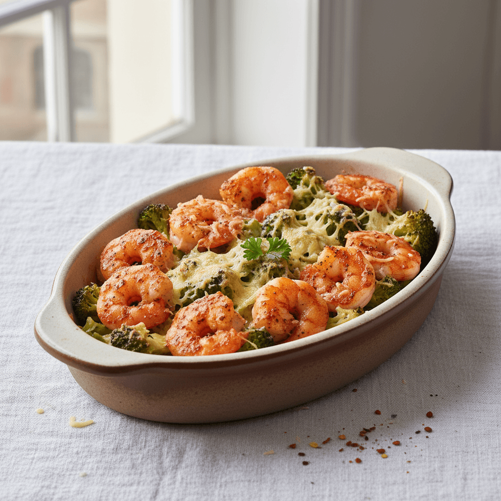 Crevettes rôties au paprika et brocoli gratiné