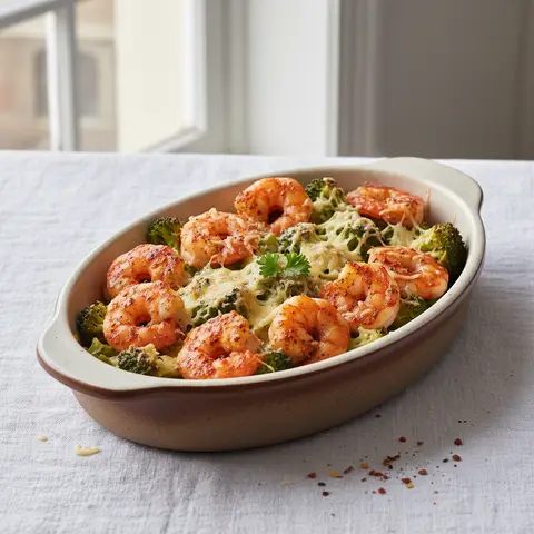Crevettes rôties au paprika et brocoli gratiné