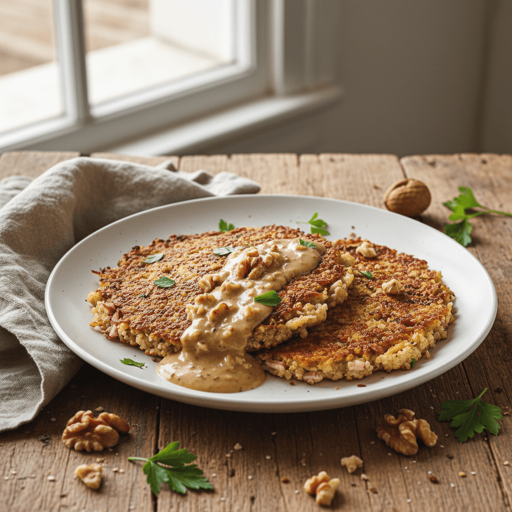 Quinoa-Schinken-Puffer mit Nuss-Sauce