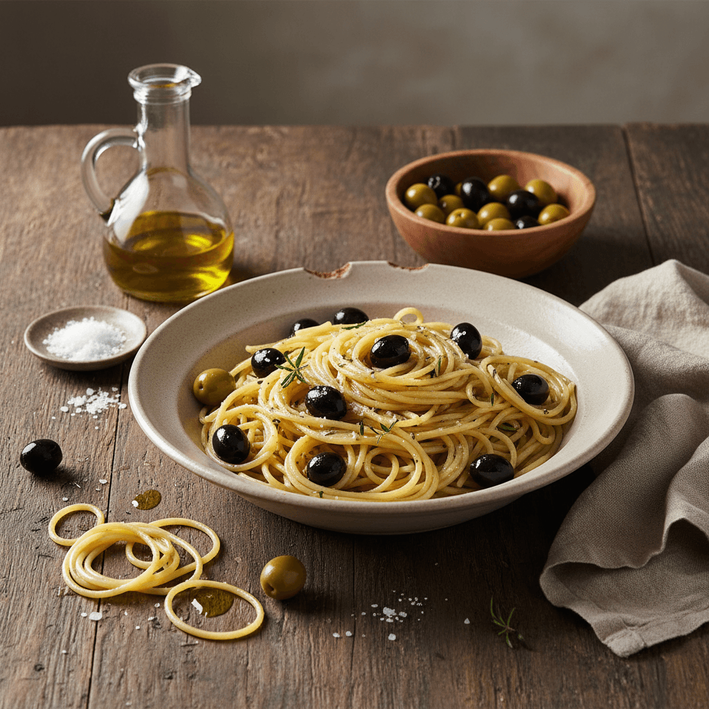 Pasta mit Oliven und Olivenöl