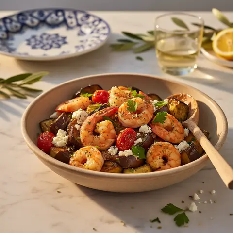 Crevettes à la grecque et aubergines rôties