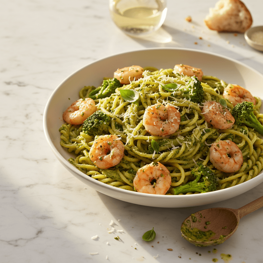 Pâtes à la Crème de Brocoli et Crevettes