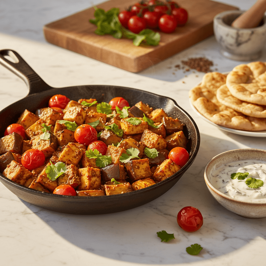 Poêlée de halloumi tikka aux aubergines