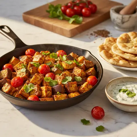 Poêlée de halloumi tikka aux aubergines