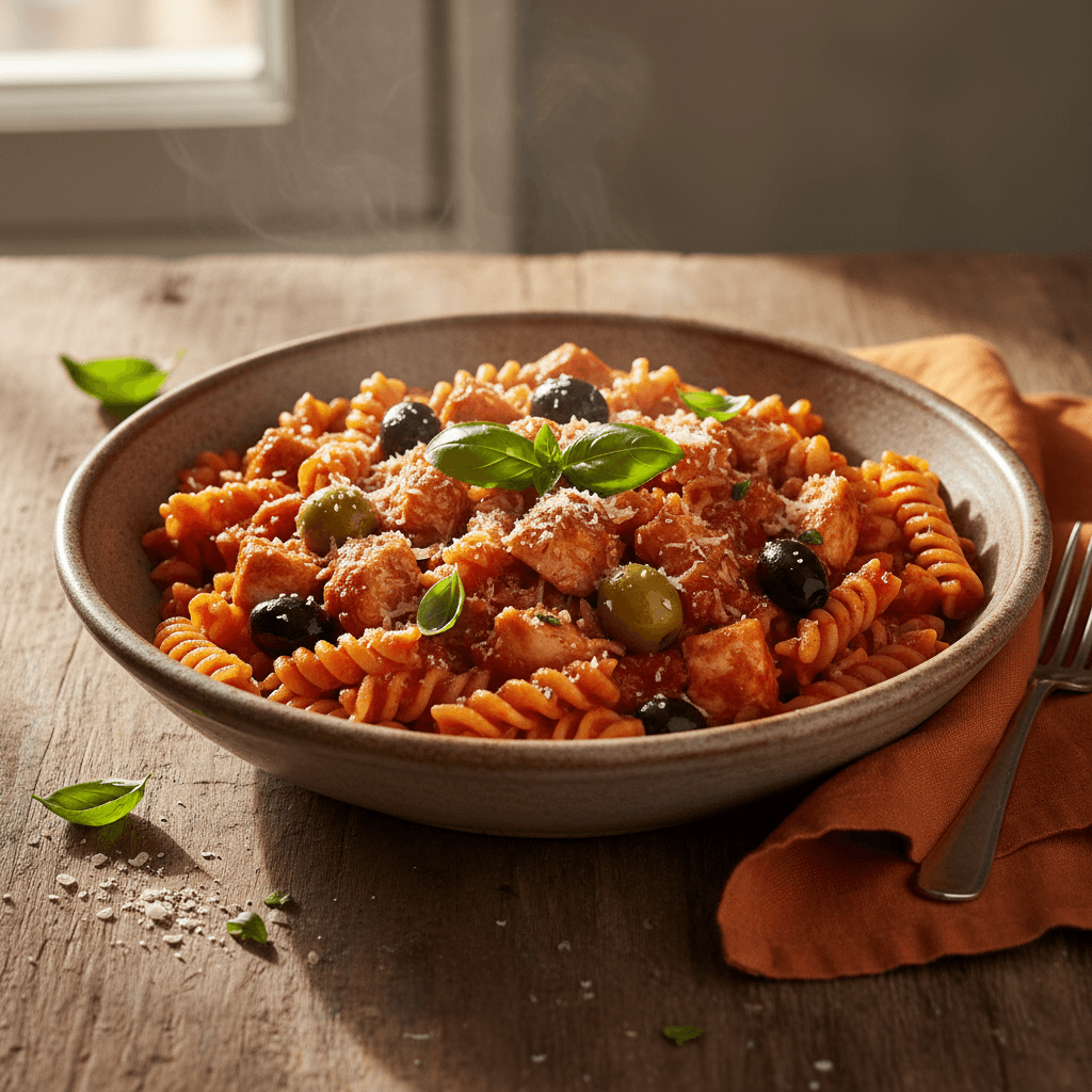 Pasta with Rich Tomato Sauce, Chicken and Olives