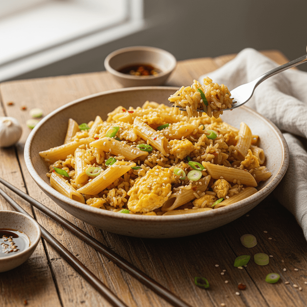 Gebratener Reis mit Eiern und Penne