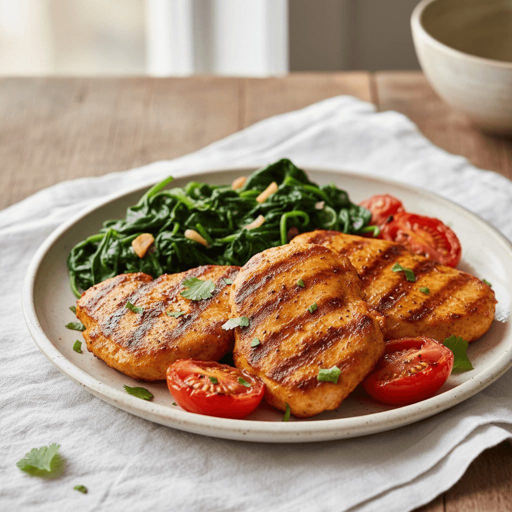 Escalope de poulet tandoori grillée, épinards et tomates