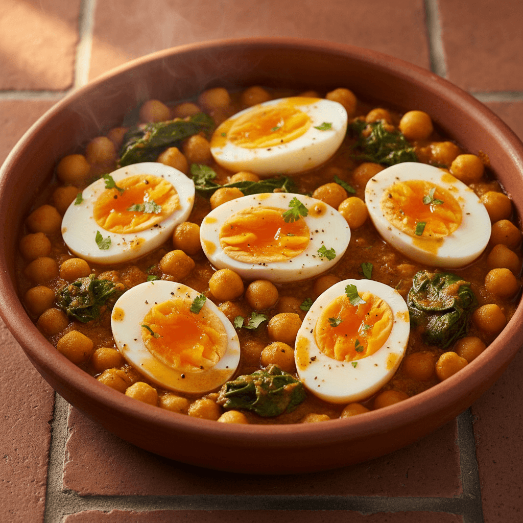 Curry d'œufs aux pois chiches et épinards