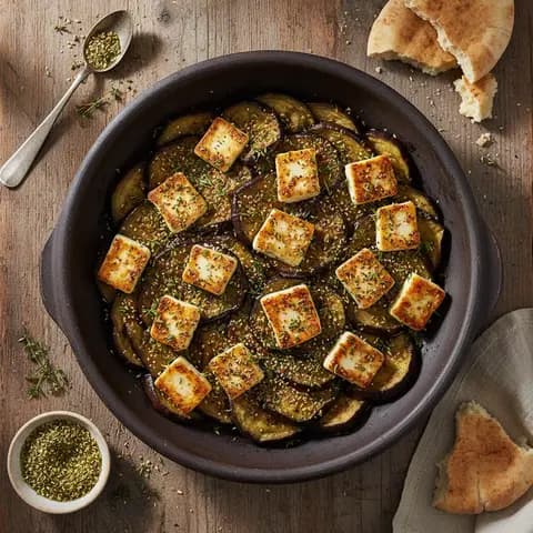 Sauté libanais de halloumi aux aubergines et za'atar