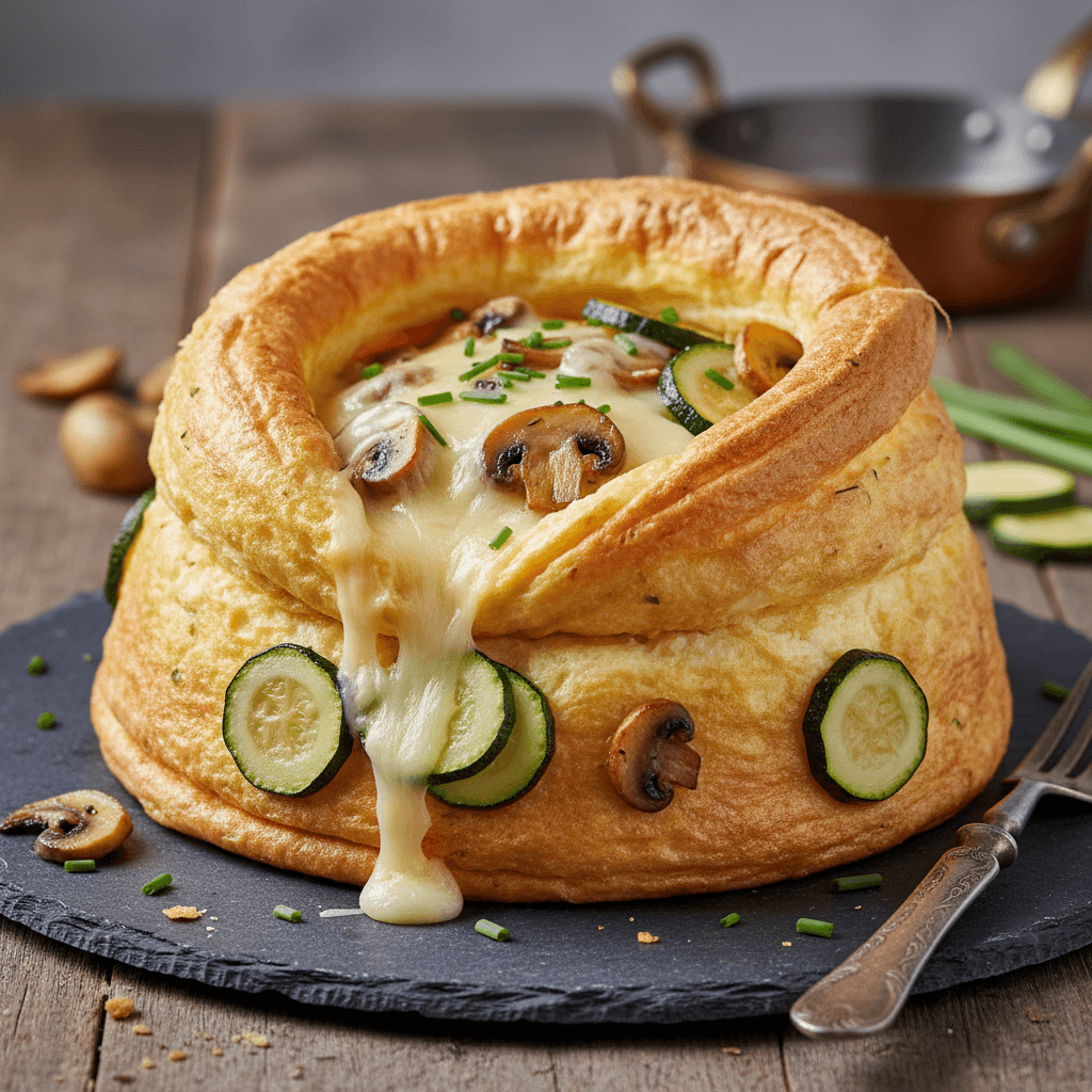 Omelette soufflée au gruyère, champignons et courgettes