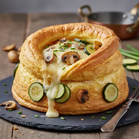 Omelette soufflée au gruyère, champignons et courgettes