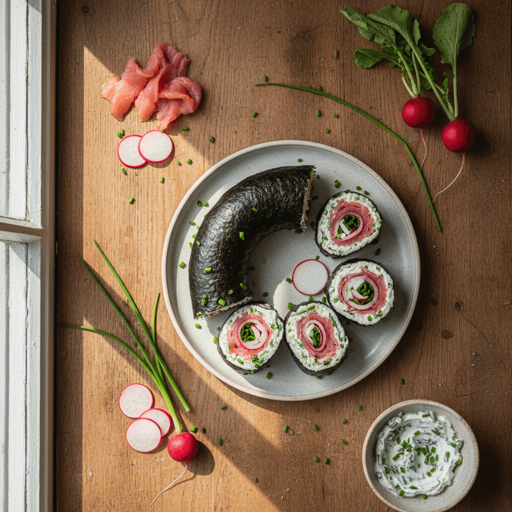 Wrap nori à la truite, radis et ciboulette