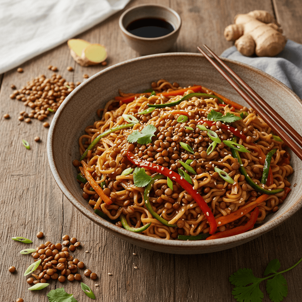 Asian Stir-Fried Noodles with Lentils and Vegetables