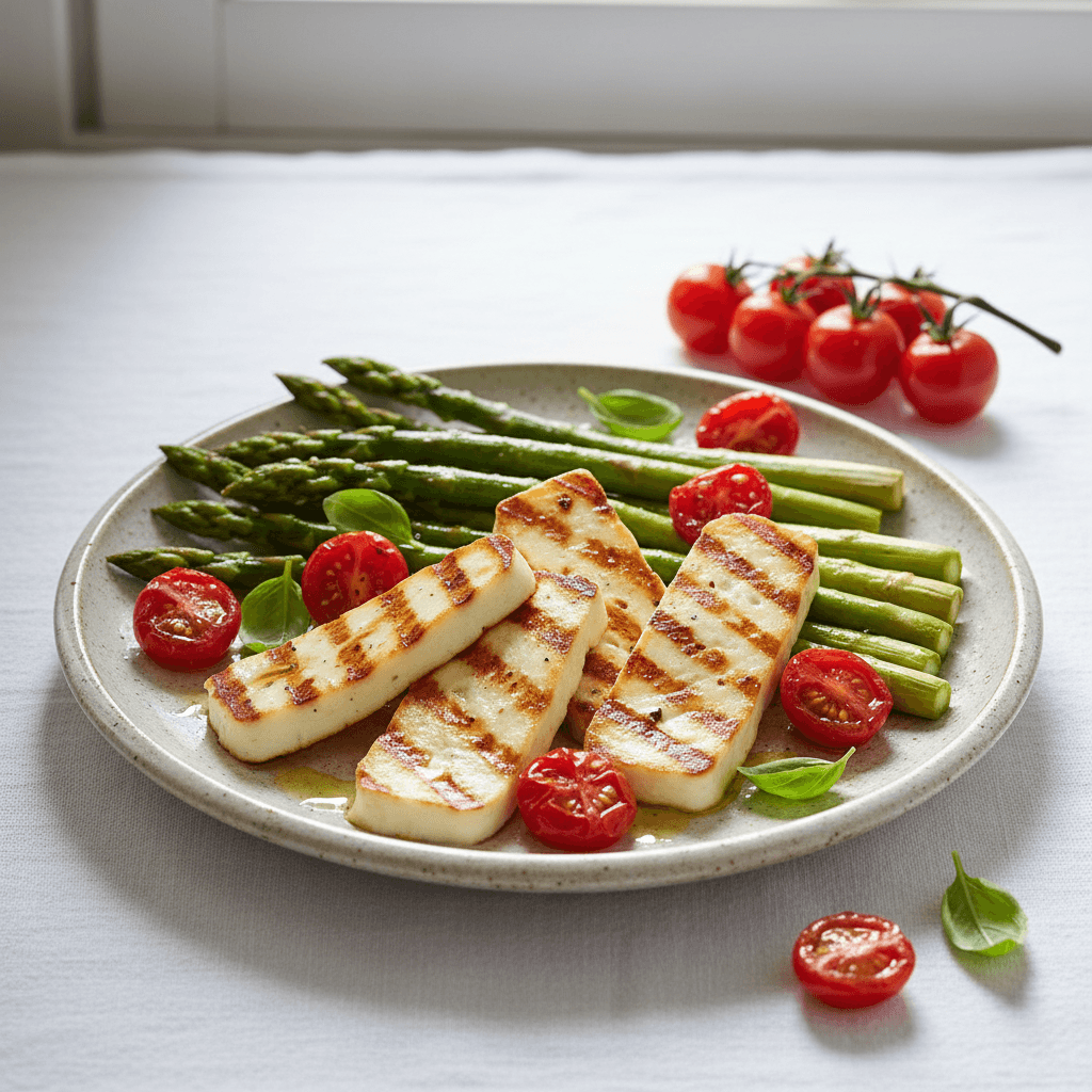 Halloumi grillé aux asperges et tomates cerises