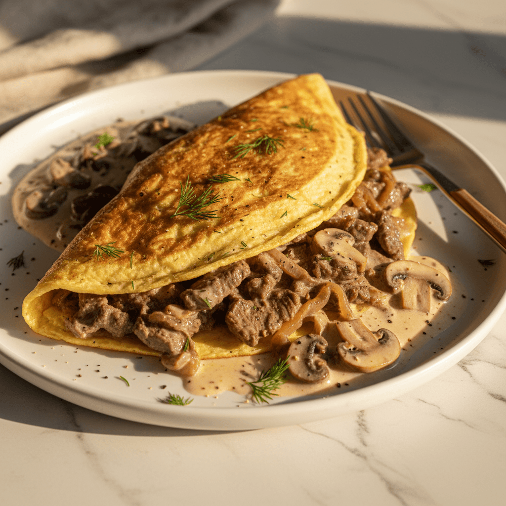 Wrap d'omelette au bœuf stroganoff et champignons