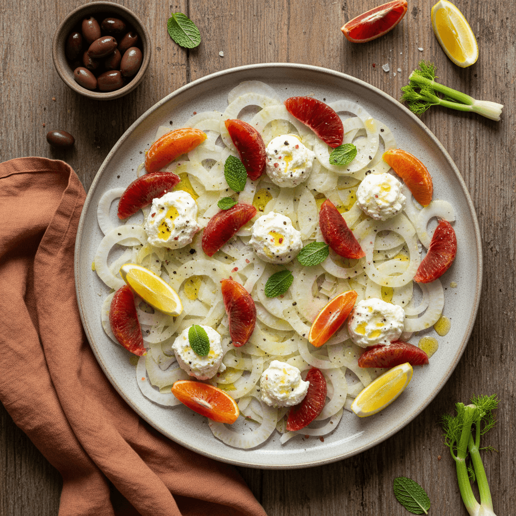 Carpaccio de fenouil à la ricotta et agrumes